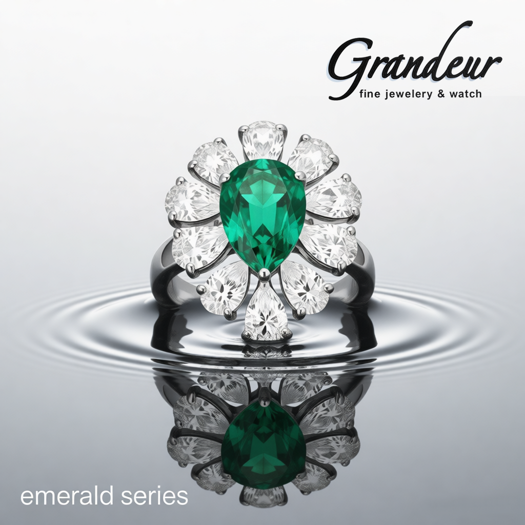 GRANDEUR PEAR LAB GROWN EMERALD FLOWER RING