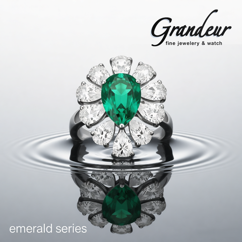 GRANDEUR PEAR LAB GROWN EMERALD FLOWER RING