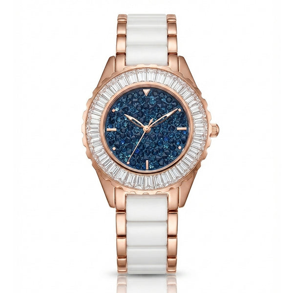 GRANDEUR WATCH GALAXY CERAMIC SERIES ROSE GOLD WHITE CERAMIC BLUE CRYSTAL FACE G13018