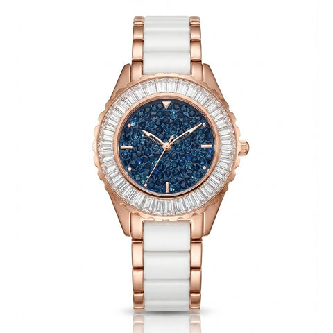 GRANDEUR WATCH GALAXY CERAMIC SERIES ROSE GOLD WHITE CERAMIC BLUE CRYSTAL FACE G13018