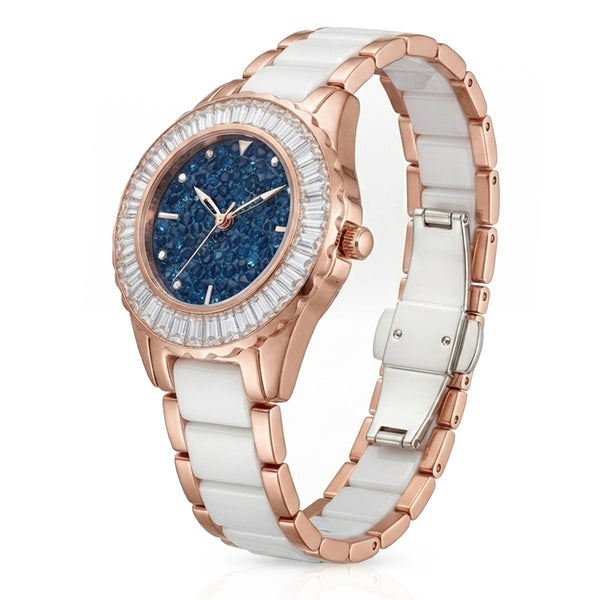 GRANDEUR WATCH GALAXY CERAMIC SERIES ROSE GOLD WHITE CERAMIC BLUE CRYSTAL FACE G13018