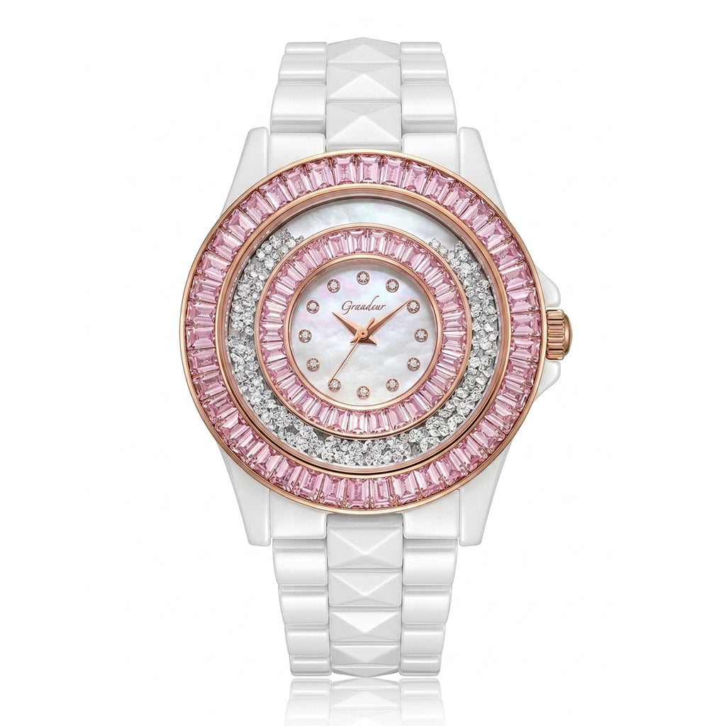 GRANDEUR WATCH GALAXY CERAMIC SERIES ROSE GOLD WHITE CERAMIC PINK CRYSTAL G13023