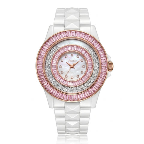 GRANDEUR WATCH GALAXY CERAMIC SERIES ROSE GOLD WHITE CERAMIC PINK CRYSTAL G13023
