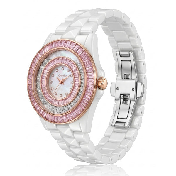 GRANDEUR WATCH GALAXY CERAMIC SERIES ROSE GOLD WHITE CERAMIC PINK CRYSTAL G13023