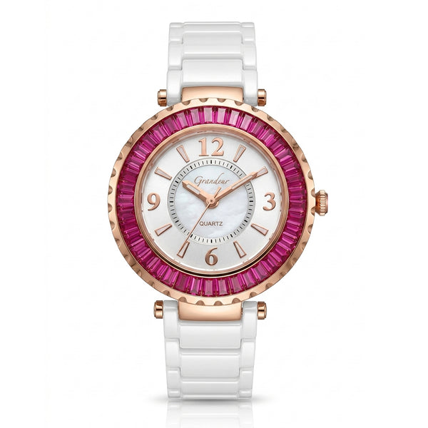 GRANDEUR WATCH GALAXY CERAMIC SERIES ROSE GOLD WHITE CERAMIC PINK CRYSTAL G13070