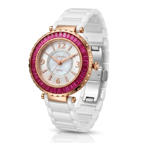 GRANDEUR WATCH GALAXY CERAMIC SERIES ROSE GOLD WHITE CERAMIC PINK CRYSTAL G13070