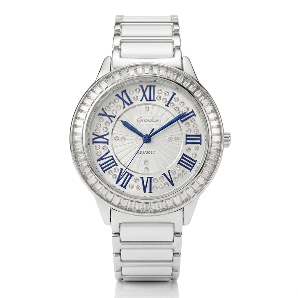 GRANDEUR WATCH GALAXY CERAMIC SERIES WHITE GOLD WHITE CERAMIC BLUE ROMAN NUMBERS G15131