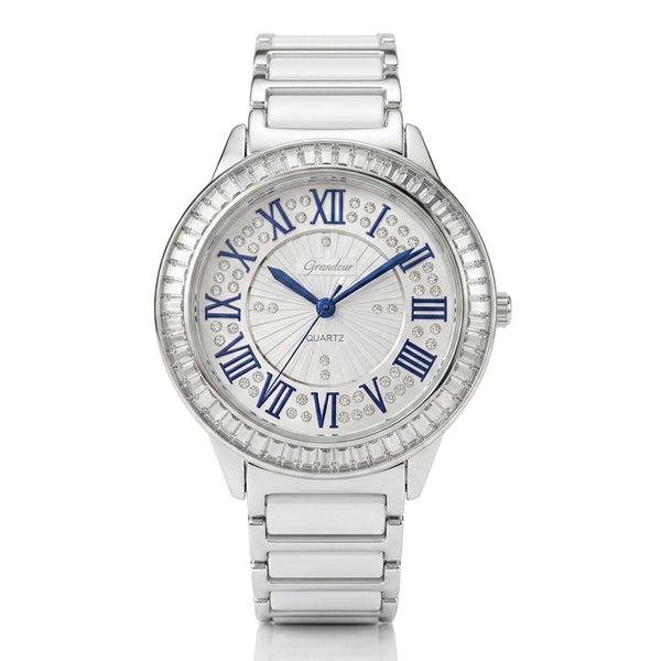 GRANDEUR WATCH GALAXY CERAMIC SERIES WHITE GOLD WHITE CERAMIC BLUE ROMAN NUMBERS G15131