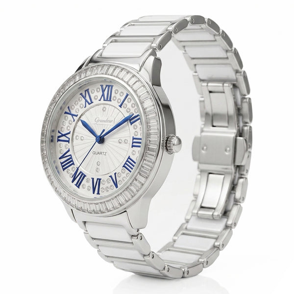 GRANDEUR WATCH GALAXY CERAMIC SERIES WHITE GOLD WHITE CERAMIC BLUE ROMAN NUMBERS G15131