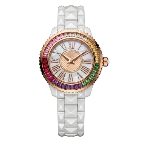 GRANDEUR WATCH GALAXY CERAMIC SERIES ROSE GOLD WHITE CERAMIC COLOUR CRYSTAL G16105