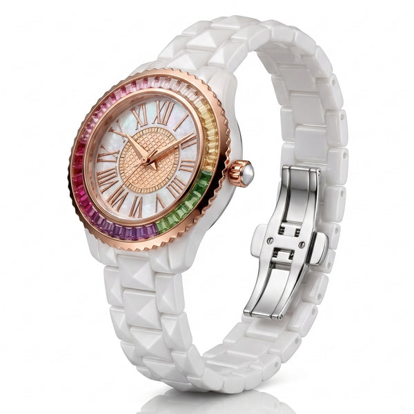 GRANDEUR WATCH GALAXY CERAMIC SERIES ROSE GOLD WHITE CERAMIC COLOUR CRYSTAL G16105