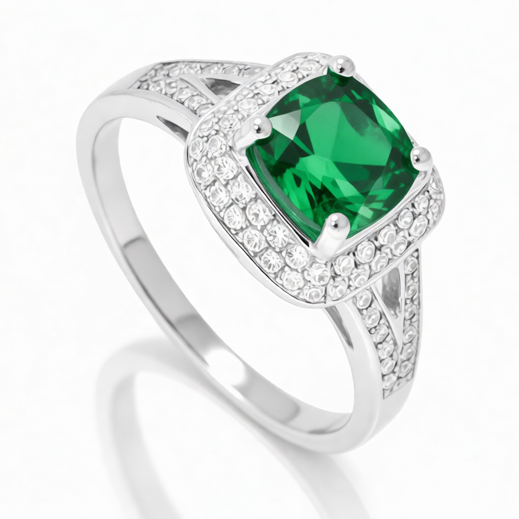 GRANDEUR ANTIQUE CUSHION LAB GROWN EMERALD RING R12045