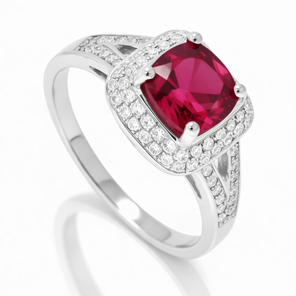 GRANDEUR ANTIQUE CUSHION LAB GROWN RUBY RING R12044