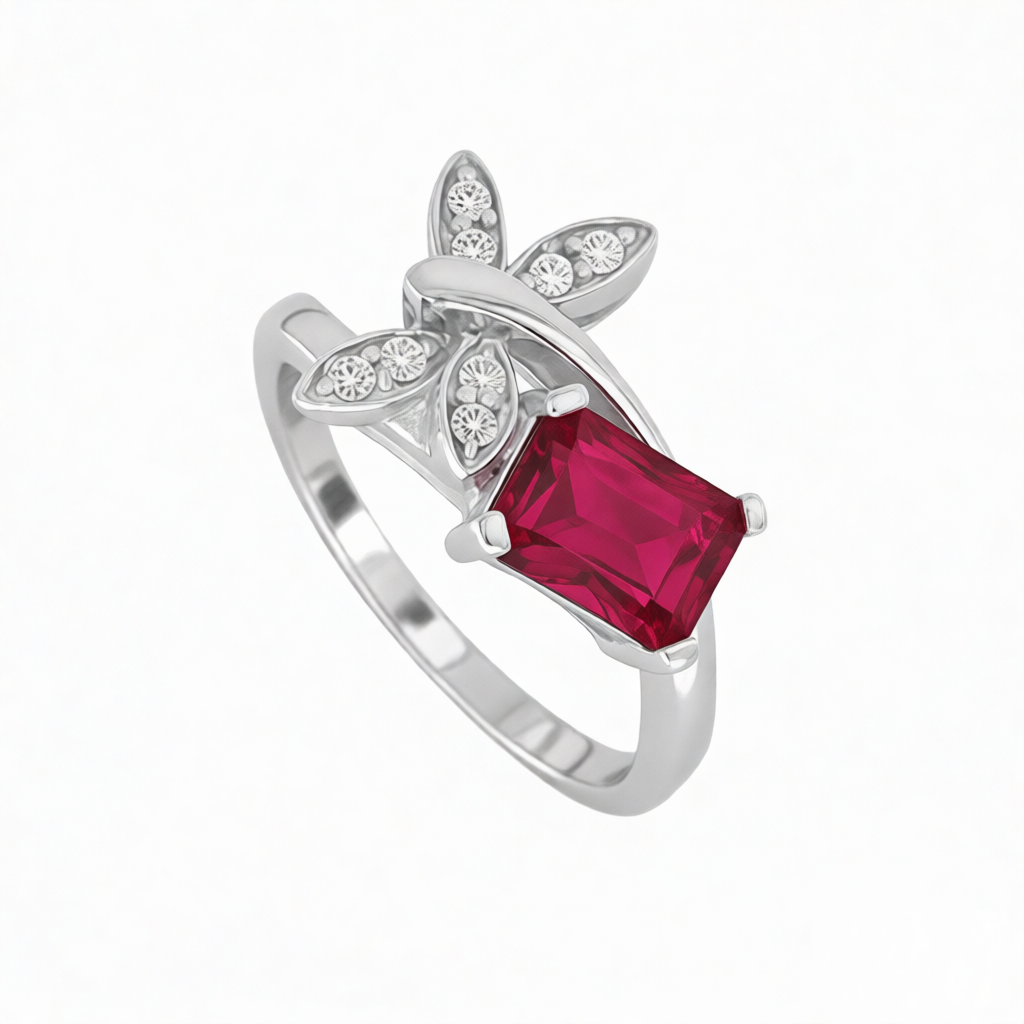 GRANDEUR EMERALD CUT LAB GROWN RUBY RING r12084