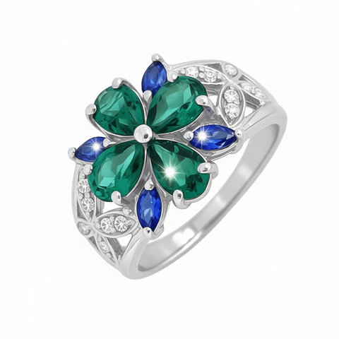 GRANDEUR MARQUISE PEAR LAB GROWN EMERALD SAPPHIRE FLOWER RING R12082
