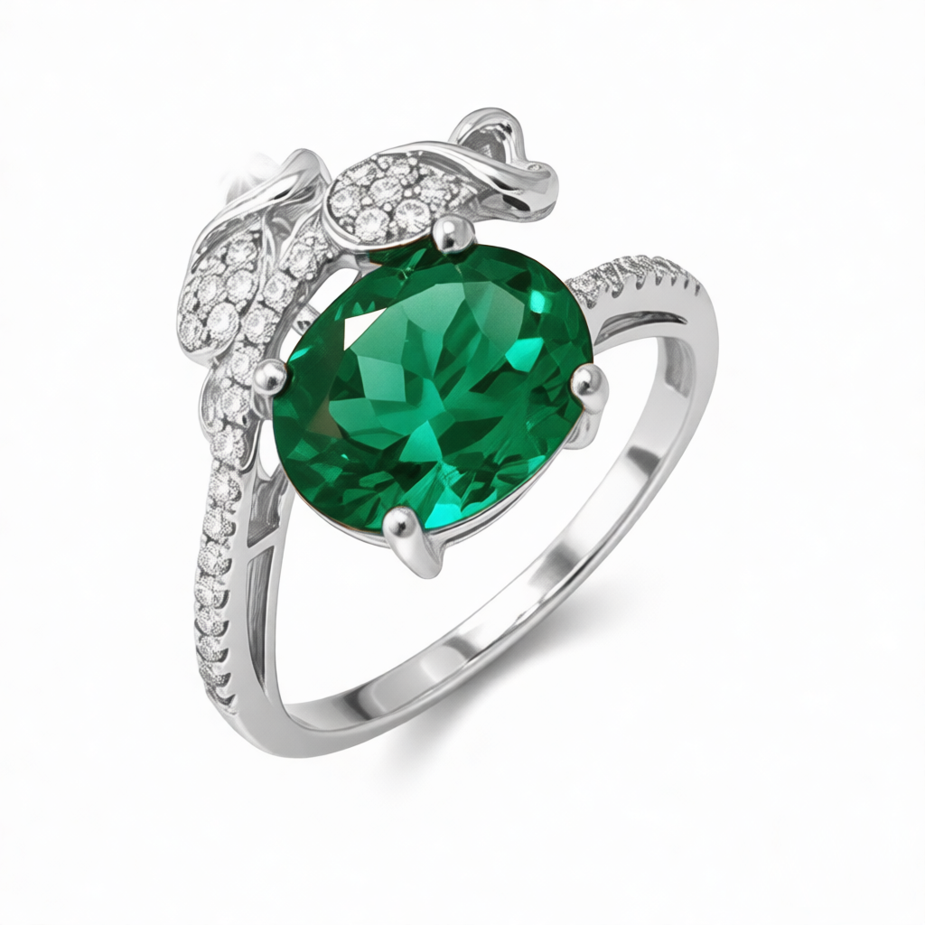 GRANDEUR OVAL LAB GROWN EMERALD FLOWER RING R12079