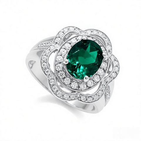 GRANDEUR OVAL LAB GROWN EMERALD FLOWER RING R12107