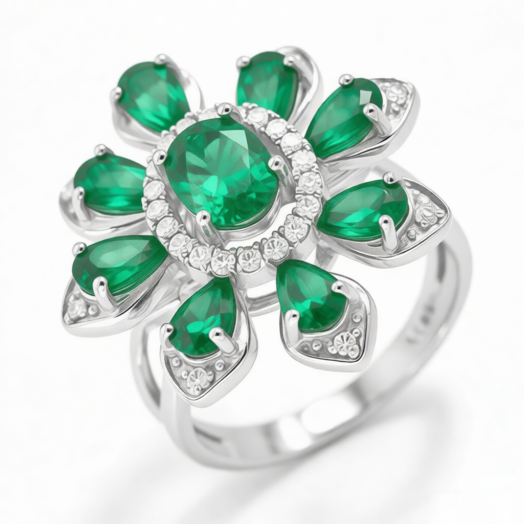 GRANDEUR OVAL PEAR CUT LAB GROWN EMERALD FLOWER RING R12005
