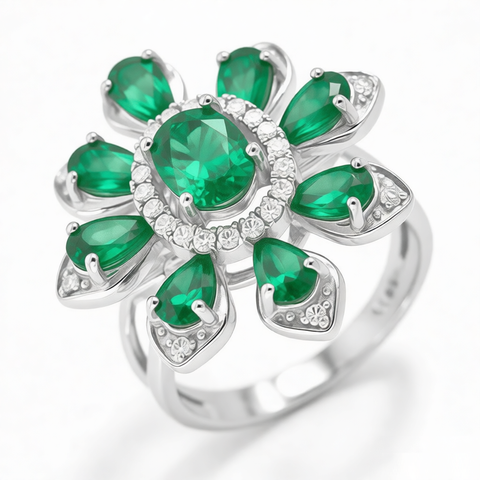 GRANDEUR OVAL PEAR CUT LAB GROWN EMERALD FLOWER RING R12005