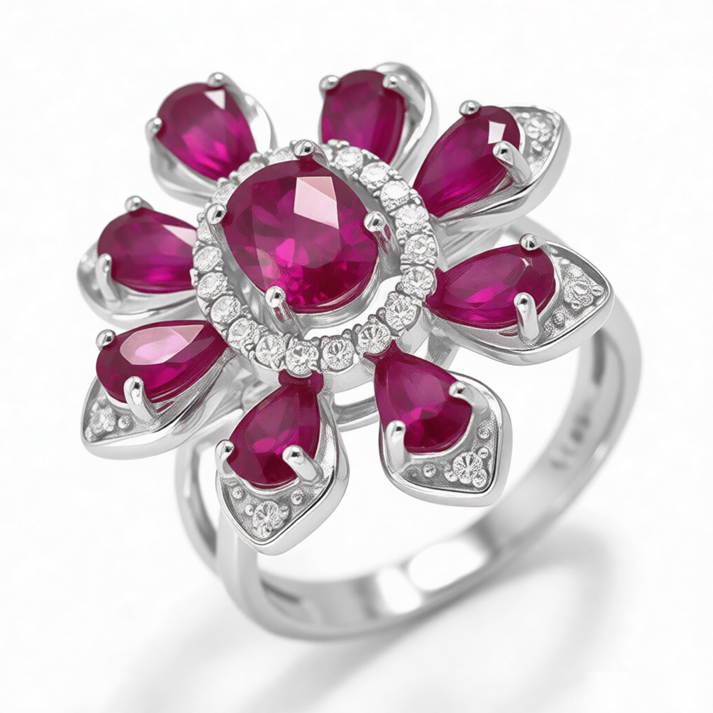 GRANDEUR OVAL PEAR CUT LAB GROWN RUBY FLOWER RING R12004