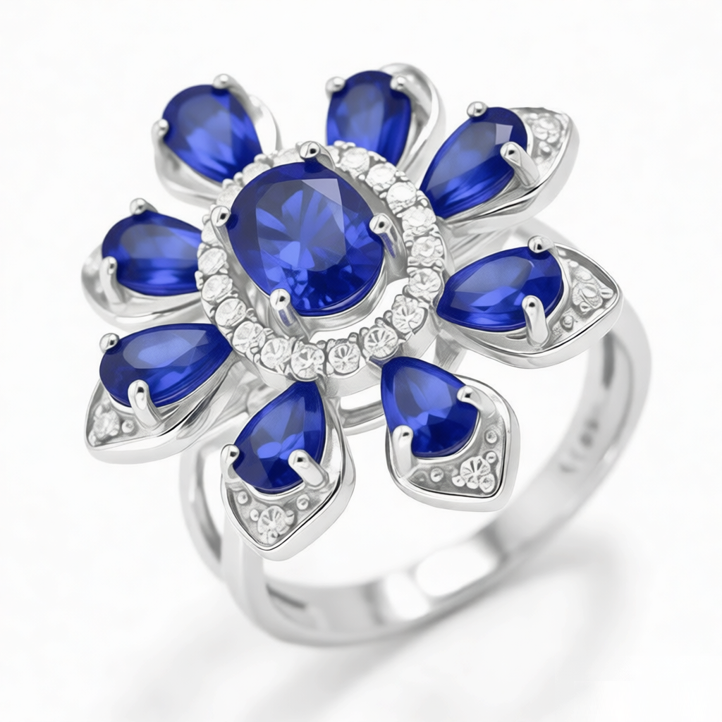 GRANDEUR OVAL PEAR CUT LAB GROWN SAPPHIRE FLOWER RING R12006