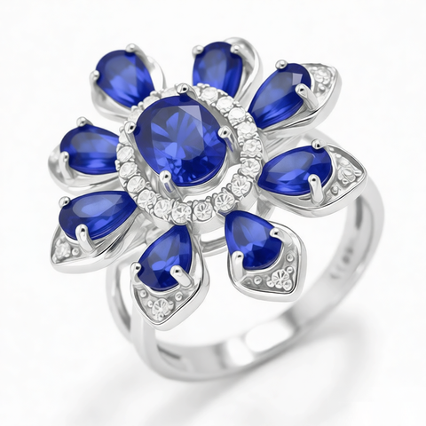 GRANDEUR OVAL PEAR CUT LAB GROWN SAPPHIRE FLOWER RING R12006