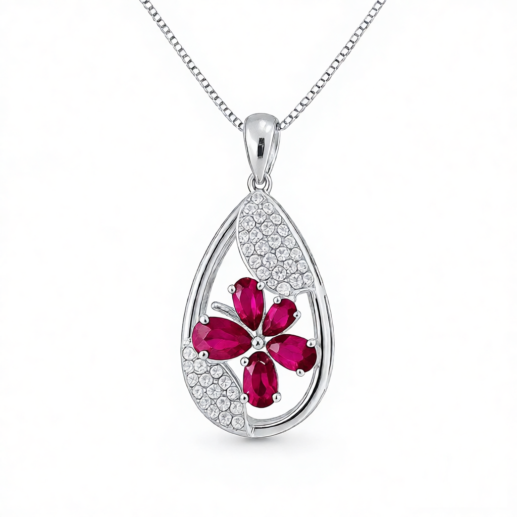 GRANDEUR OVAL PEAR LAB GROWN RUBY FLOWER PENDANT P12124