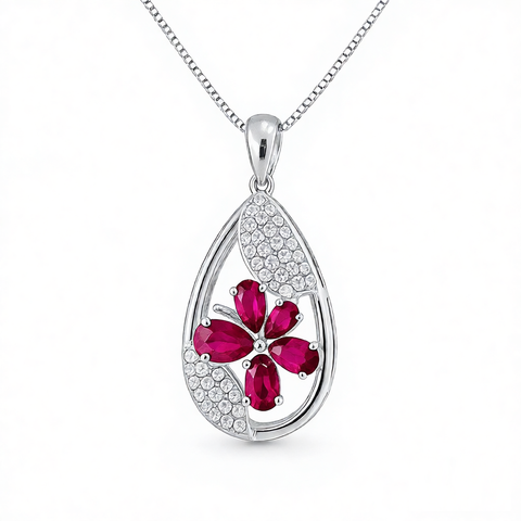 GRANDEUR OVAL PEAR LAB GROWN RUBY FLOWER PENDANT P12124