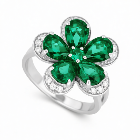 GRANDEUR PEAR LAB GROWN EMERALD FLOWER RING R12073