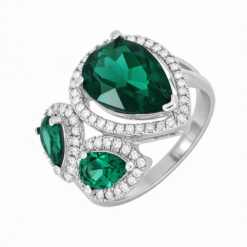 GRANDEUR PEAR LAB GROWN EMERALD FLOWER RING R12086