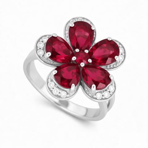 GRANDEUR PEAR LAB GROWN RUBY FLOWER RING R12074