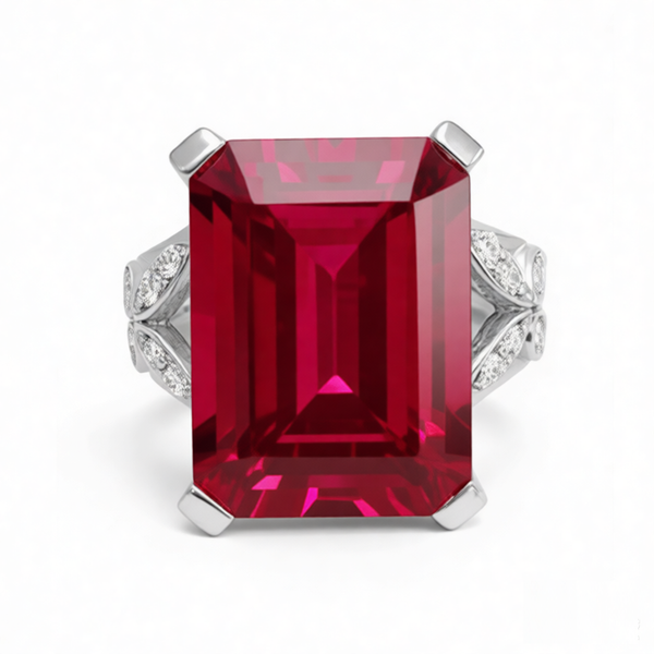 GRANDEUR EMERALD CUT LAB GROWN RUBY RING