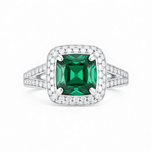 GRANDEUR ANTIQUE CUSHION LAB GROWN EMERALD RING