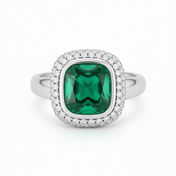 GRANDEUR ANTIQUE CUSHION LAB GROWN EMERALD RING