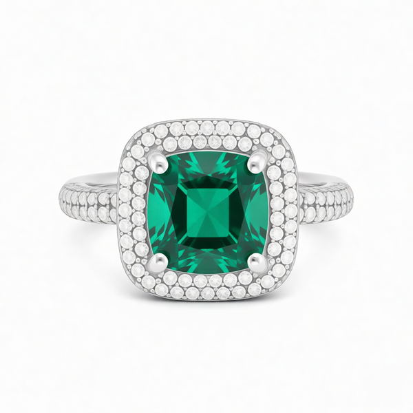 GRANDEUR ANTIQUE CUSHION LAB GROWN EMERALD RING