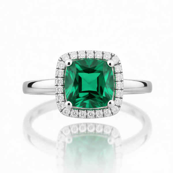 GRANDEUR ANTIQUE CUSHION LAB GROWN EMERALD RING