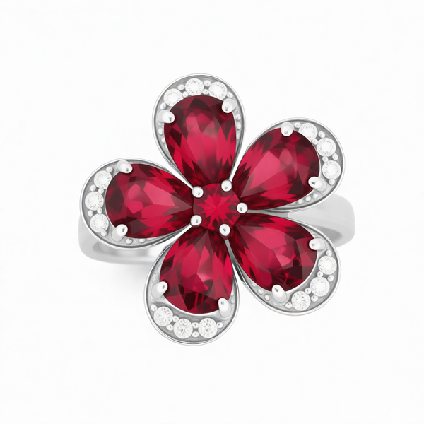 GRANDEUR PEAR LAB GROWN RUBY FLOWER RING