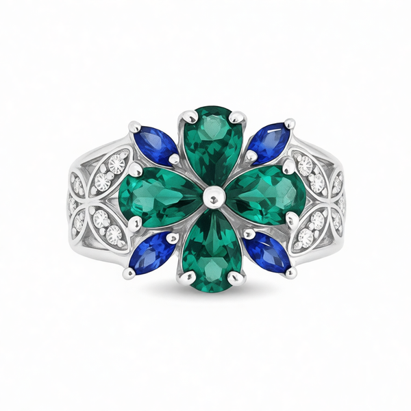 GRANDEUR MARQUISE PEAR LAB GROWN EMERALD SAPPHIRE FLOWER RING